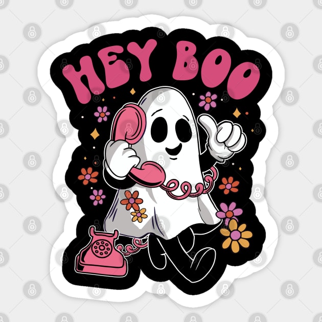 Hey Boo - Groovy Ghost Halloween design for Men, Womens Kids Sticker by Graphic Duster